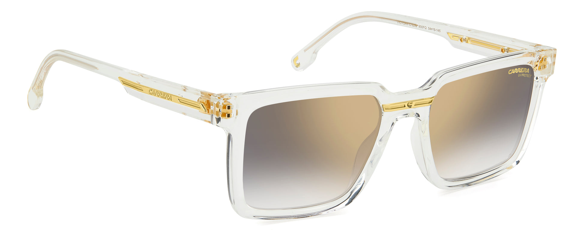 Carrera Victory C 02/S 900 rectangular sunglasses for men in full rim plastic, with crystal frame, and gradient grey gold mirror lenses. 54mm in lens size, 19mm in bridge size, and 145mm in temple length.