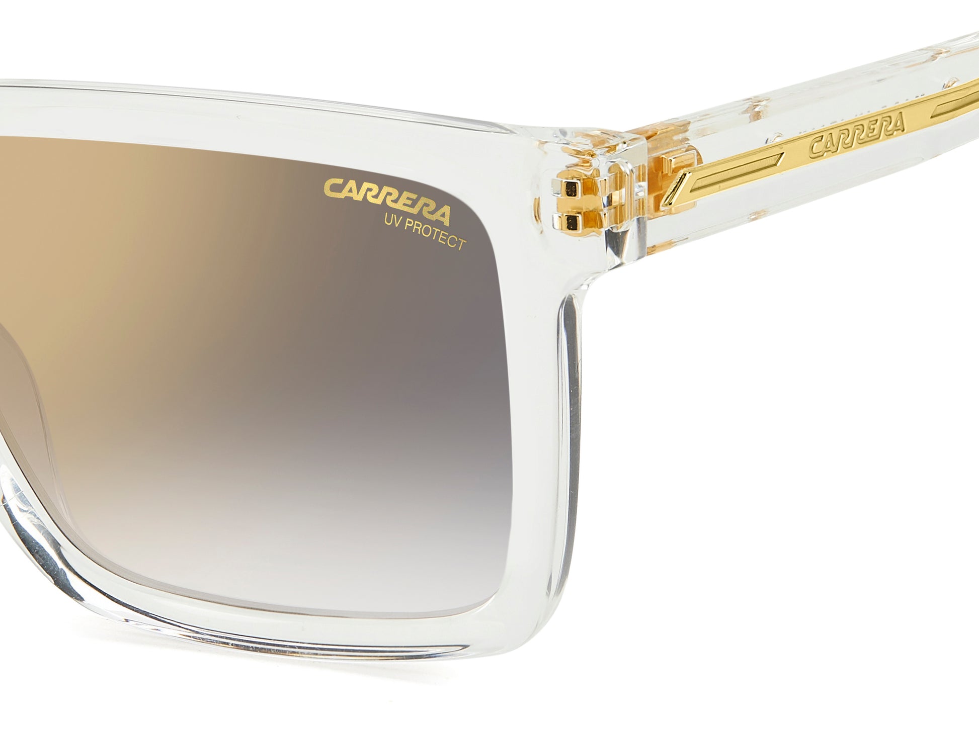 Carrera Victory C 02/S 900 rectangular sunglasses for men in full rim plastic, with crystal frame, and gradient grey gold mirror lenses. 54mm in lens size, 19mm in bridge size, and 145mm in temple length.