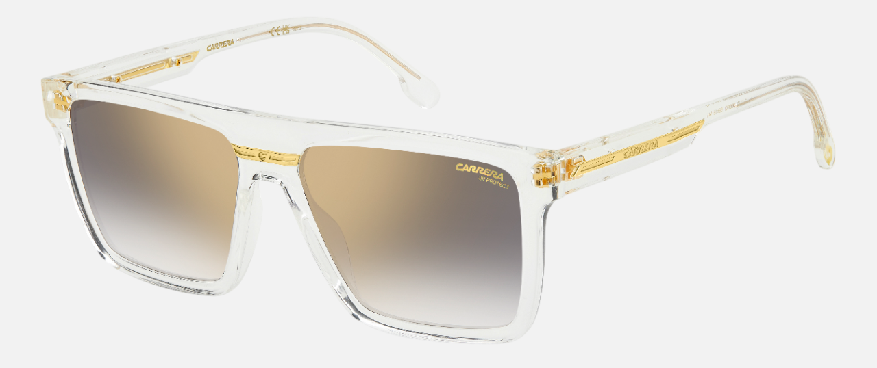 Carrera Victory C 03/S 900 rectangular sunglasses for men in full rim plastic, with crystal frame, and gradient grey gold mirror lenses. 58mm in lens size, 16mm in bridge size, and 145mm in temple length.