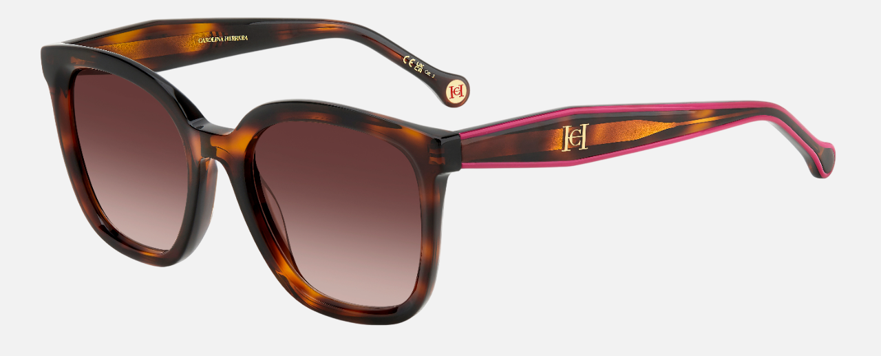 Carolina Herrera HER 0225/G/S 0T4 square sunglasses for women in full rim plastic, with havana pink frame, and gradient brown lenses. 54mm in lens size, 20mm in bridge size, and 145mm in temple length.