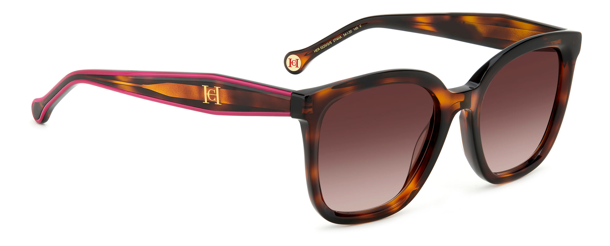 Carolina Herrera HER 0225/G/S 0T4 square sunglasses for women in full rim plastic, with havana pink frame, and gradient brown lenses. 54mm in lens size, 20mm in bridge size, and 145mm in temple length.