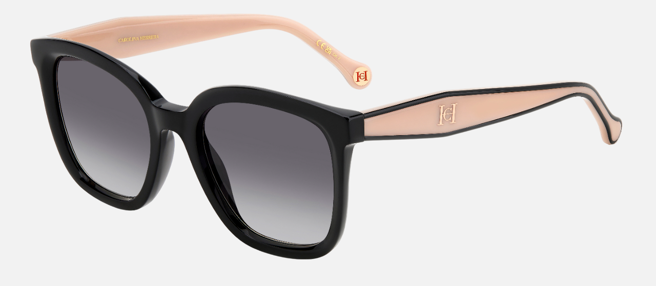 Carolina Herrera HER 0225/G/S 3H2 square sunglasses for women in full rim plastic, with black pink frame, and gradient grey lenses. 54mm in lens size, 20mm in bridge size, and 145mm in temple length.