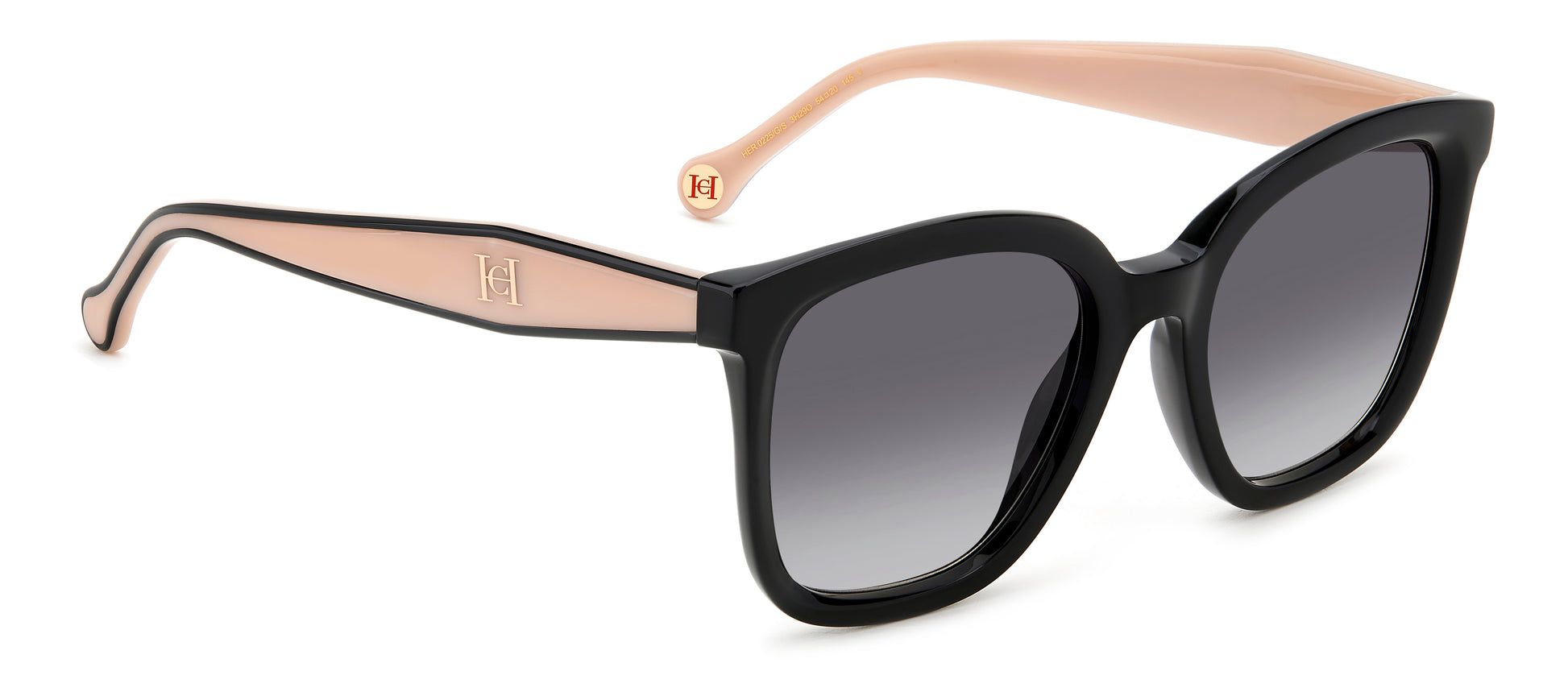 Carolina Herrera HER 0225/G/S 3H2 square sunglasses for women in full rim plastic, with black pink frame, and gradient grey lenses. 54mm in lens size, 20mm in bridge size, and 145mm in temple length.