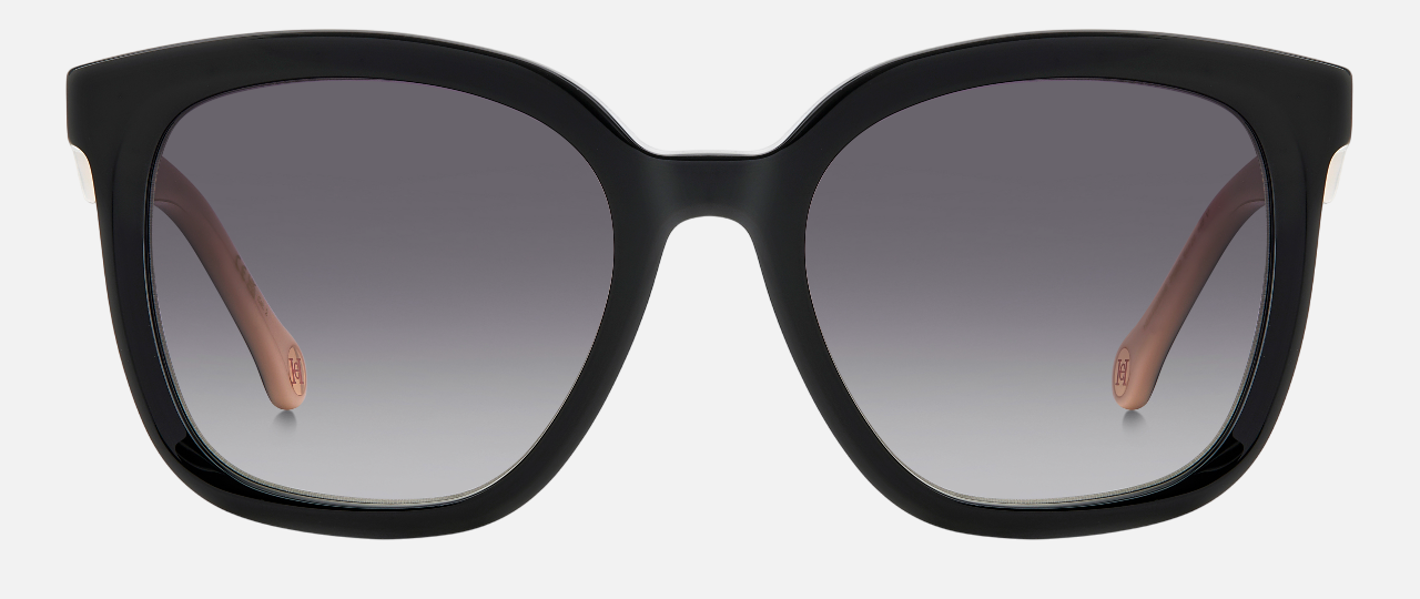 Carolina Herrera HER 0225/G/S 3H2 square sunglasses for women in full rim plastic, with black pink frame, and gradient grey lenses. 54mm in lens size, 20mm in bridge size, and 145mm in temple length.