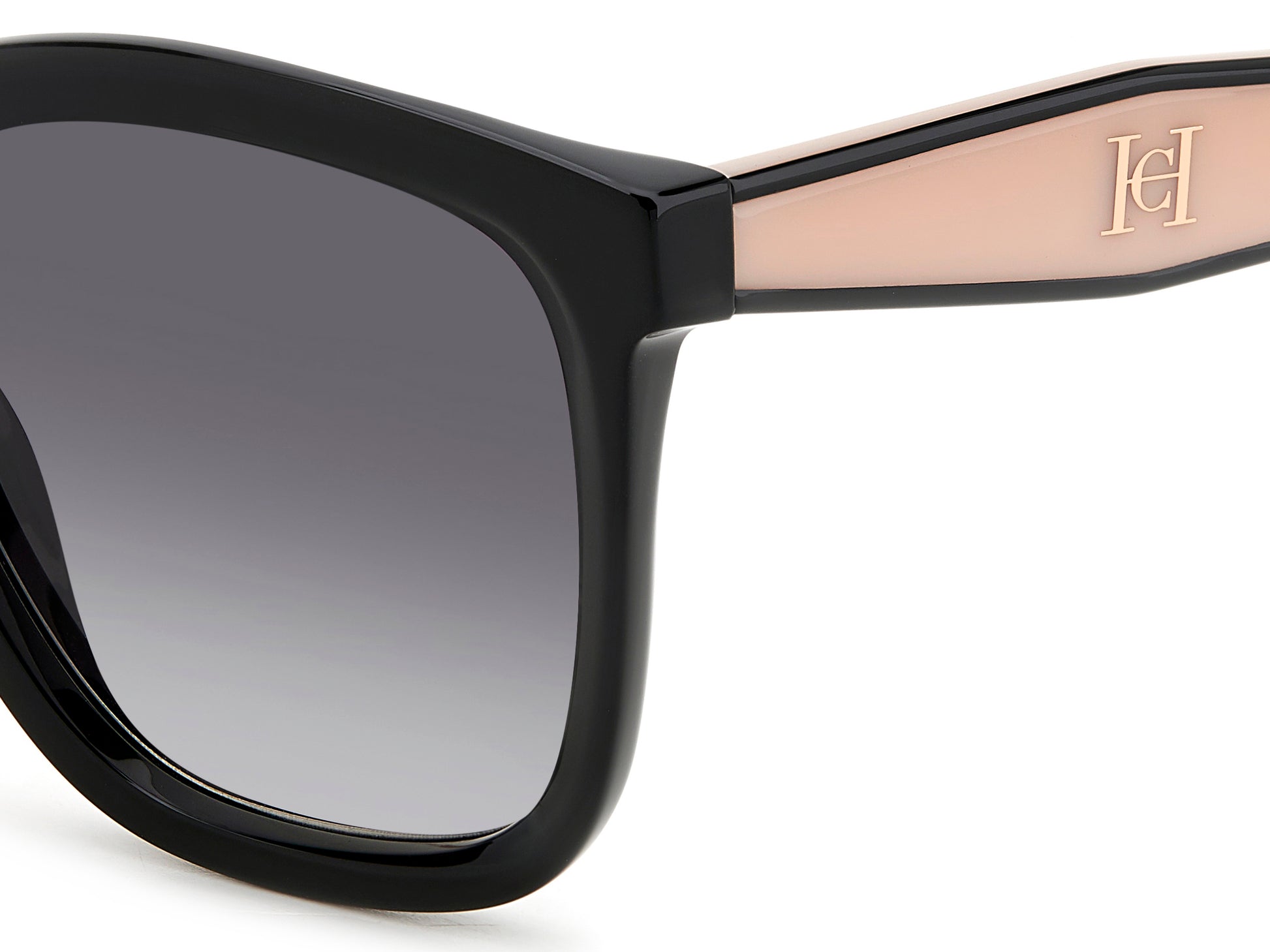 Carolina Herrera HER 0225/G/S 3H2 square sunglasses for women in full rim plastic, with black pink frame, and gradient grey lenses. 54mm in lens size, 20mm in bridge size, and 145mm in temple length.