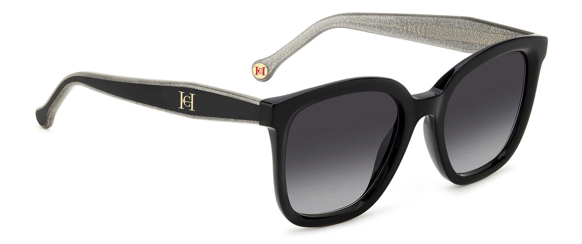 Carolina Herrera HER 0225/G/S BSC square sunglasses for women in full rim plastic, with black grey frame, and gradient grey lenses. 54mm in lens size, 20mm in bridge size, and 145mm in temple length.