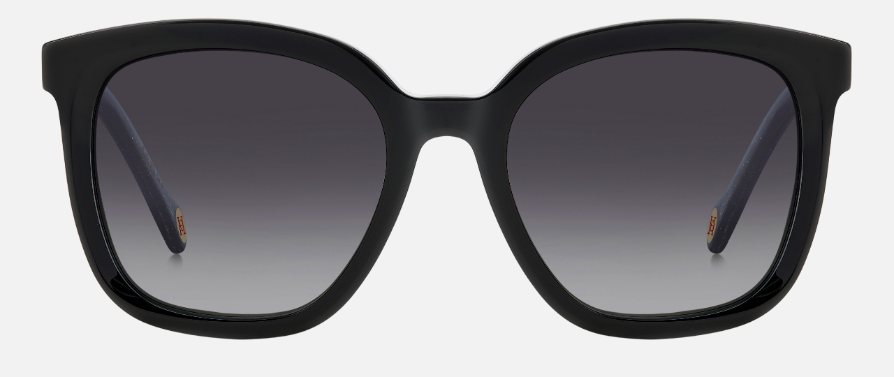 Carolina Herrera HER 0225/G/S BSC square sunglasses for women in full rim plastic, with black grey frame, and gradient grey lenses. 54mm in lens size, 20mm in bridge size, and 145mm in temple length.