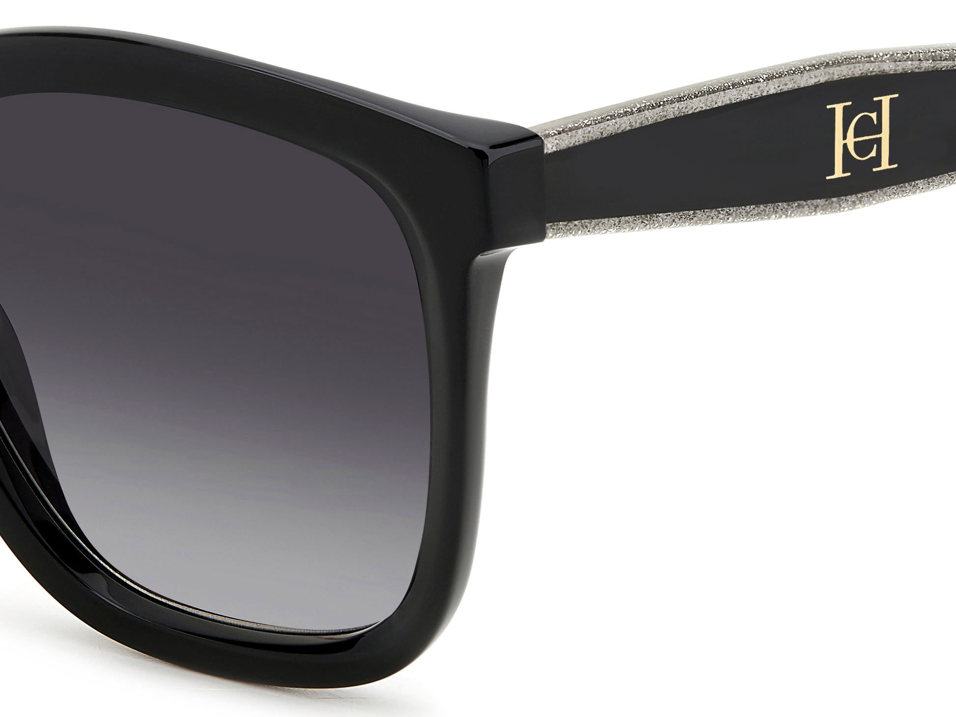 Carolina Herrera HER 0225/G/S BSC square sunglasses for women in full rim plastic, with black grey frame, and gradient grey lenses. 54mm in lens size, 20mm in bridge size, and 145mm in temple length.