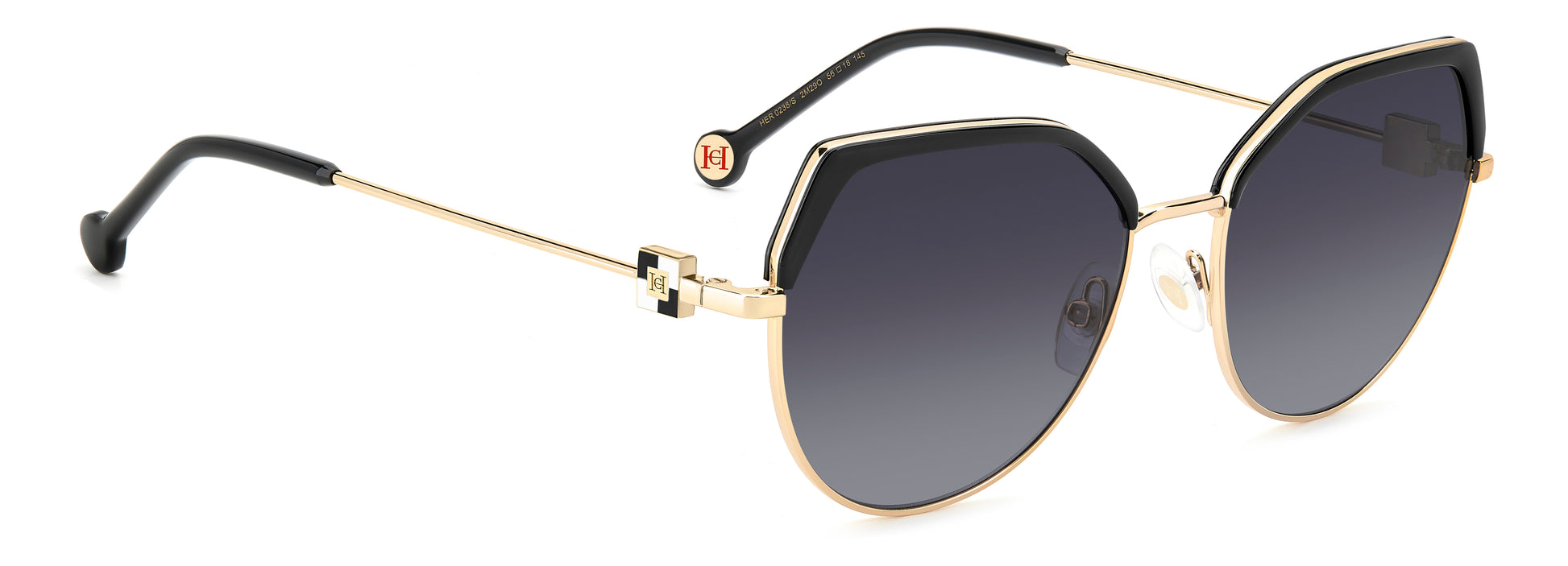 Carolina Herrera HER 0238/S 2M2 irregular sunglasses for women in full rim metal, with black gold frame, and gradient grey lenses. 56mm in lens size, 18mm in bridge size, and 145mm in temple length.