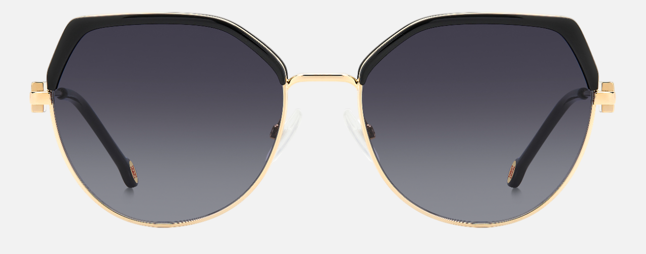Carolina Herrera HER 0238/S 2M2 irregular sunglasses for women in full rim metal, with black gold frame, and gradient grey lenses. 56mm in lens size, 18mm in bridge size, and 145mm in temple length.