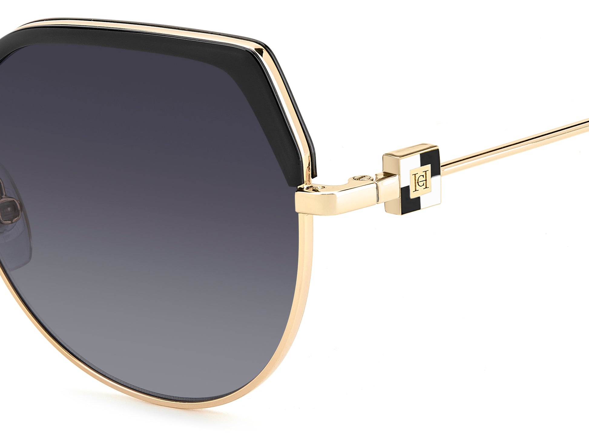 Carolina Herrera HER 0238/S 2M2 irregular sunglasses for women in full rim metal, with black gold frame, and gradient grey lenses. 56mm in lens size, 18mm in bridge size, and 145mm in temple length.
