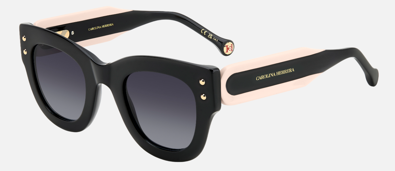 Carolina Herrera HER 0222/S 3H2 square sunglasses for women in full rim plastic, with black pink frame, and gradient grey lenses. 47mm in lens size, 26mm in bridge size, and 145mm in temple length.