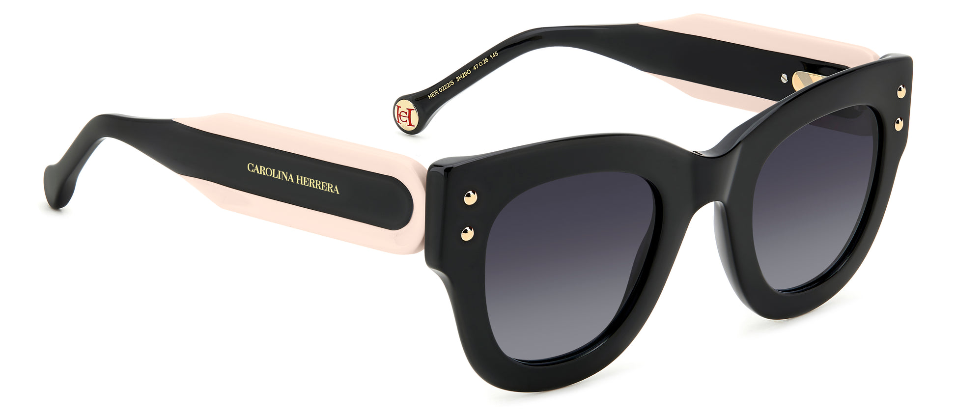 Carolina Herrera HER 0222/S 3H2 square sunglasses for women in full rim plastic, with black pink frame, and gradient grey lenses. 47mm in lens size, 26mm in bridge size, and 145mm in temple length.