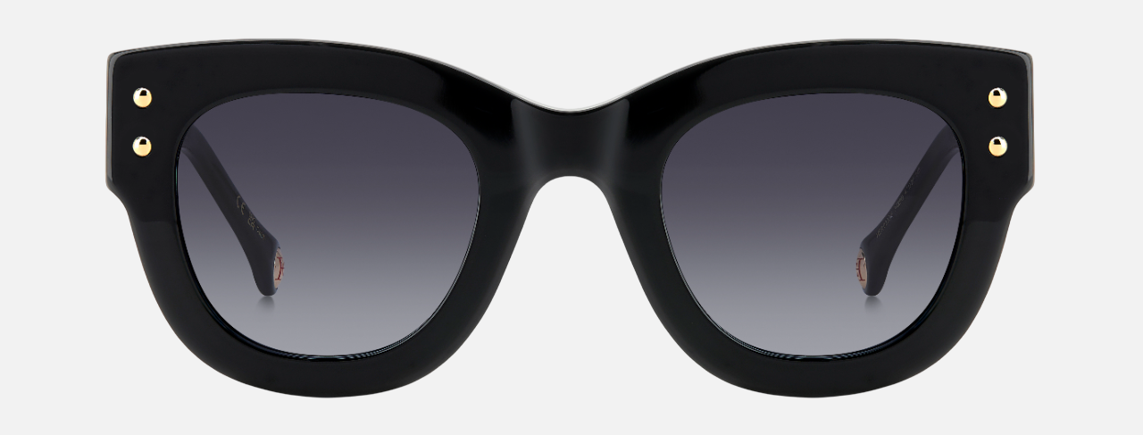 Carolina Herrera HER 0222/S 3H2 square sunglasses for women in full rim plastic, with black pink frame, and gradient grey lenses. 47mm in lens size, 26mm in bridge size, and 145mm in temple length.