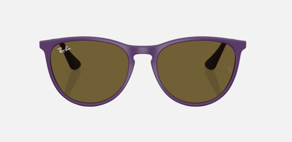 Ray-Ban Junior Erika Kids RJ9060S 717973 phantos sunglasses for kids in full rim injected, with rubber violet frame, and dark brown lenses. 50mm in lens size, 15mm in bridge size, and 130mm in temple length.