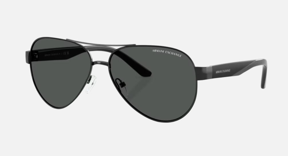 Armani Exchange AX2034S 600087 pilot sunglasses for unisex in full rim metal, with shiny black frame, and grey lenses. 59mm in lens size, 14mm in bridge size, and 145mm in temple length.