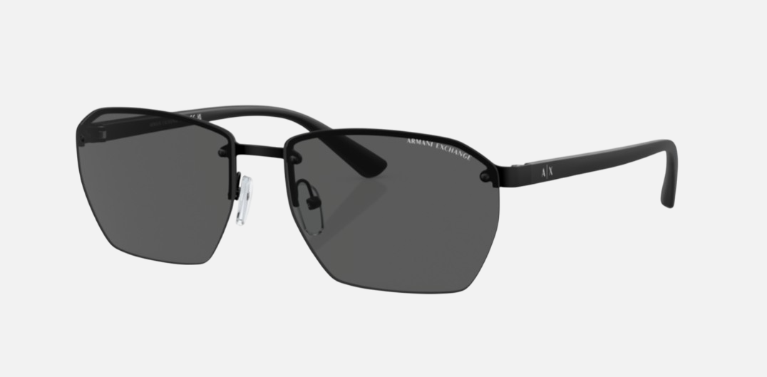 Armani Exchange AX2048S 600087 irregular sunglasses for men in full rim metal, with matte black frame, and dark grey lenses. 59mm in lens size, 16mm in bridge size, and 145mm in temple length.
