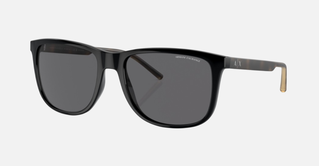 Armani Exchange AX4070S 815881 square sunglasses for men in full rim plastic, with black frame, and dark grey lenses. 57mm in lens size, 18mm in bridge size, and 145mm in temple length.