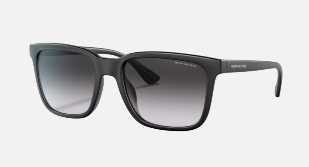 Armani Exchange AX4112SU 80788G rectangular sunglasses for men in full rim plastic, with matte black frame, and grey blue lenses. 55mm in lens size, 19mm in bridge size, and 145mm in temple length.