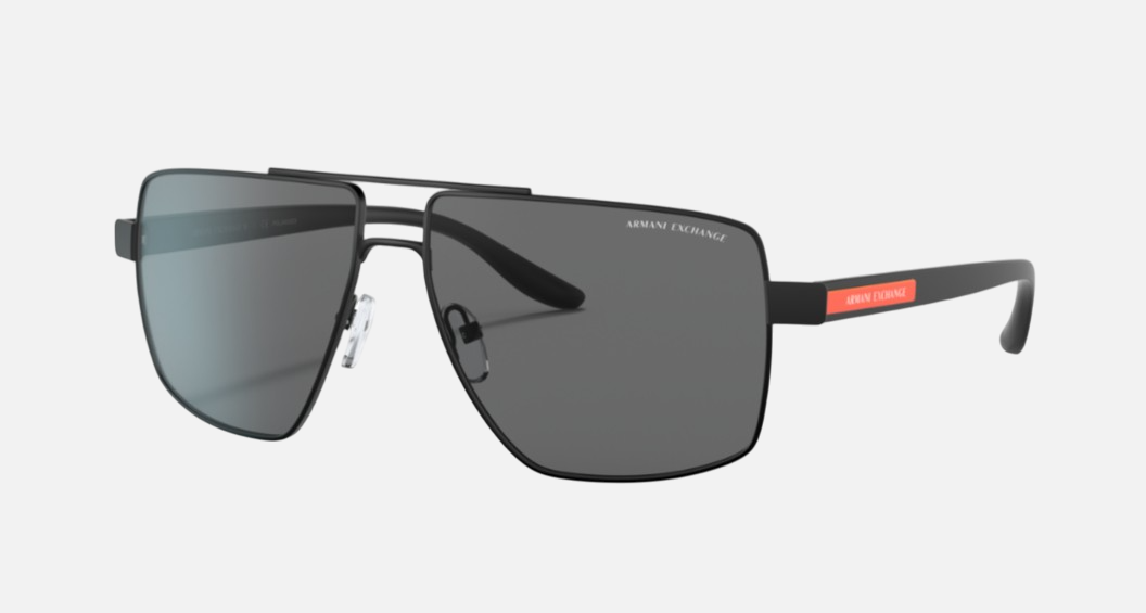 Armani Exchange AX2037S 600081 pilot sunglasses for men in full rim metal, with matte black frame, and dark grey polarized lenses. 60mm in lens size, 14mm in bridge size, and 139mm in temple length.