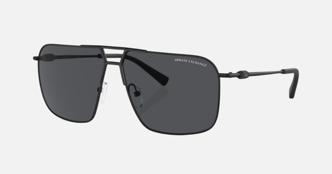 Armani Exchange AX2050S 600087 pilot sunglasses for men in full rim metal, with matte black frame, and dark grey lenses. 60mm in lens size, 12mm in bridge size, and 136mm in temple length.