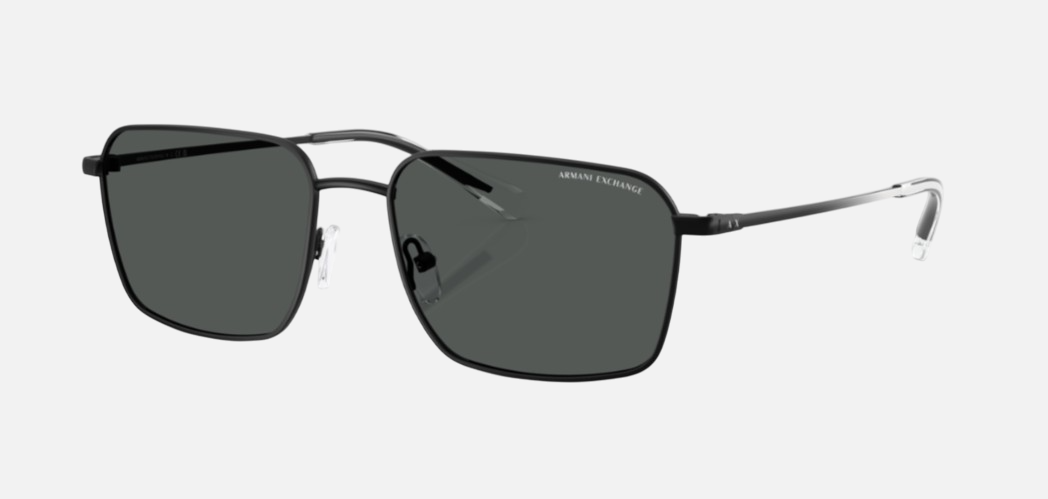 Armani Exchange AX2053S 600087 rectangular sunglasses for men in full rim metal, with matte gunmetal frame, and light grey lenses. 57mm in lens size, 17mm in bridge size, and 136mm in temple length.