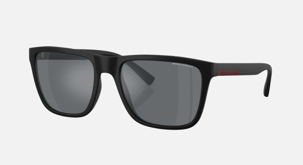 Armani Exchange AX4080S 80786G square sunglasses for men in full rim plastic, with dark grey frame, and black lenses. 57mm in lens size, 19mm in bridge size, and 145mm in temple length.