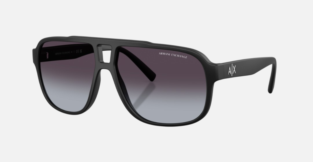Armani Exchange AX4104S 80788G pilot sunglasses for men in full rim plastic, with dark grey frame, and matte black lenses. 51mm in lens size, 13mm in bridge size, and 135mm in temple length.