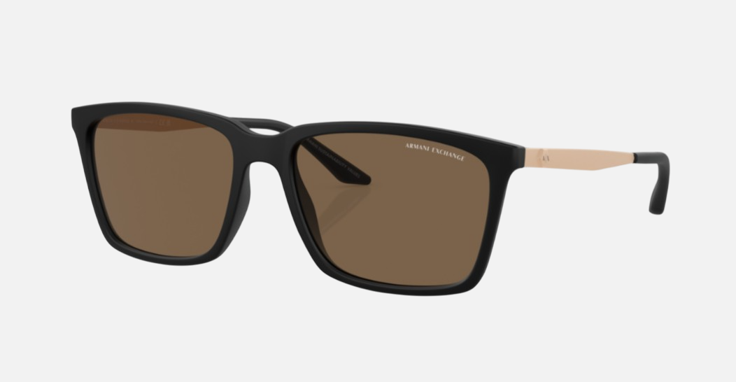 Armani Exchange AX4138S 807873 rectangular sunglasses for men in full rim plastic, with matte black frame, and dark brown lenses. 57mm in lens size, 17mm in bridge size, and 145mm in temple length.