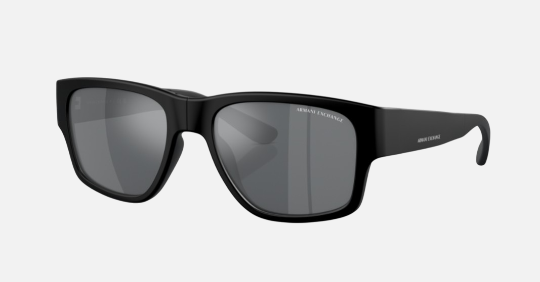 Armani Exchange AX4141SU 80786G square sunglasses for men in full rim plastic, with matte black frame, and grey mirror lenses. 56mm in lens size, 19mm in bridge size, and 142mm in temple length.