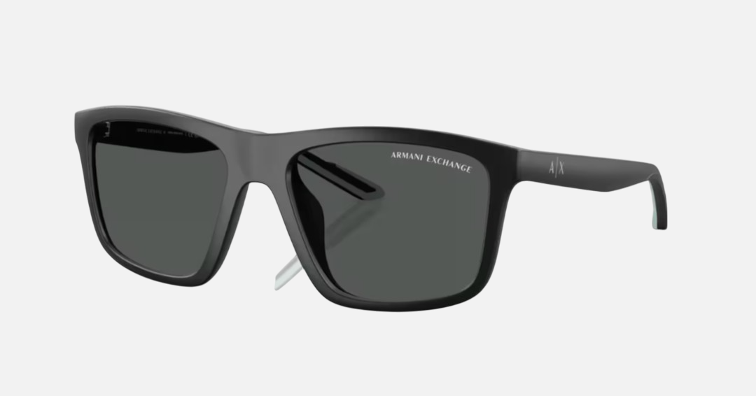 Armani Exchange AX4149SU 805887 square sunglasses for men in full rim plastic, with matte black frame, and dark grey lenses. 56mm in lens size, 18mm in bridge size, and 132mm in temple length.