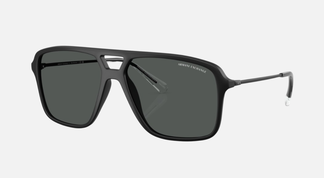 Armani Exchange AX4150SU 805887 pilot sunglasses for men in full rim plastic, with matte black frame, and dark grey lenses. 59mm in lens size, 15mm in bridge size, and 139mm in temple length.