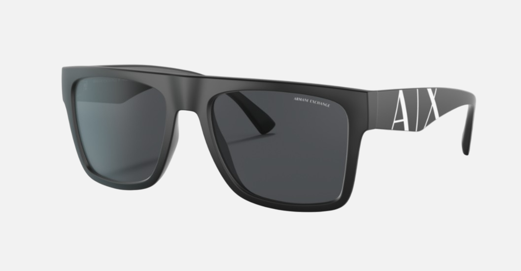 Armani Exchange AX4113S 807887 rectangular sunglasses for men in full rim plastic, with matte black frame, and dark grey lenses. 55mm in lens size, 18mm in bridge size, and 145mm in temple length.