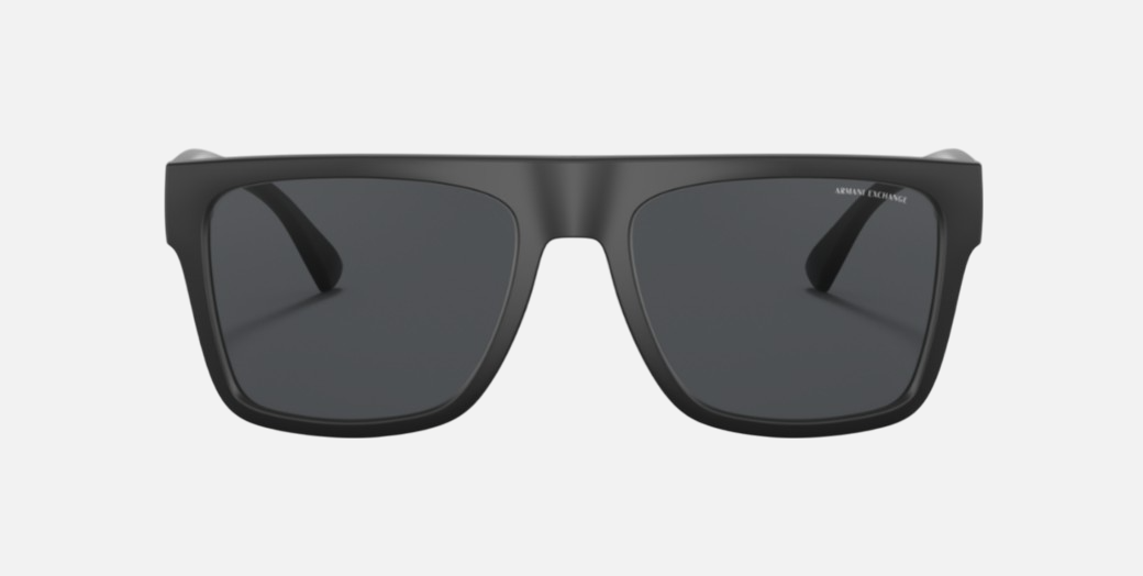 Armani Exchange AX4113S 807887 rectangular sunglasses for men in full rim plastic, with matte black frame, and dark grey lenses. 55mm in lens size, 18mm in bridge size, and 145mm in temple length.