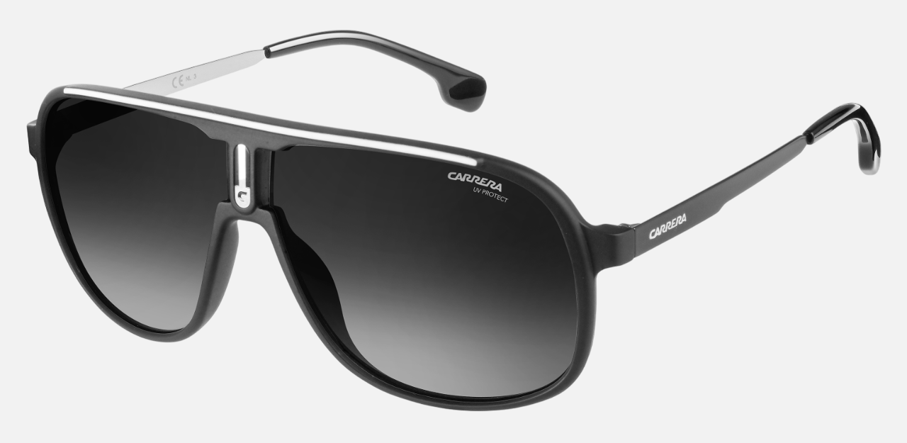 Carrera 1007/S 003 rectangular sunglasses for men in full rim plastic, with matte black frame, and grey lenses. 62mm in lens size, 10mm in bridge size, and 140mm in temple length.