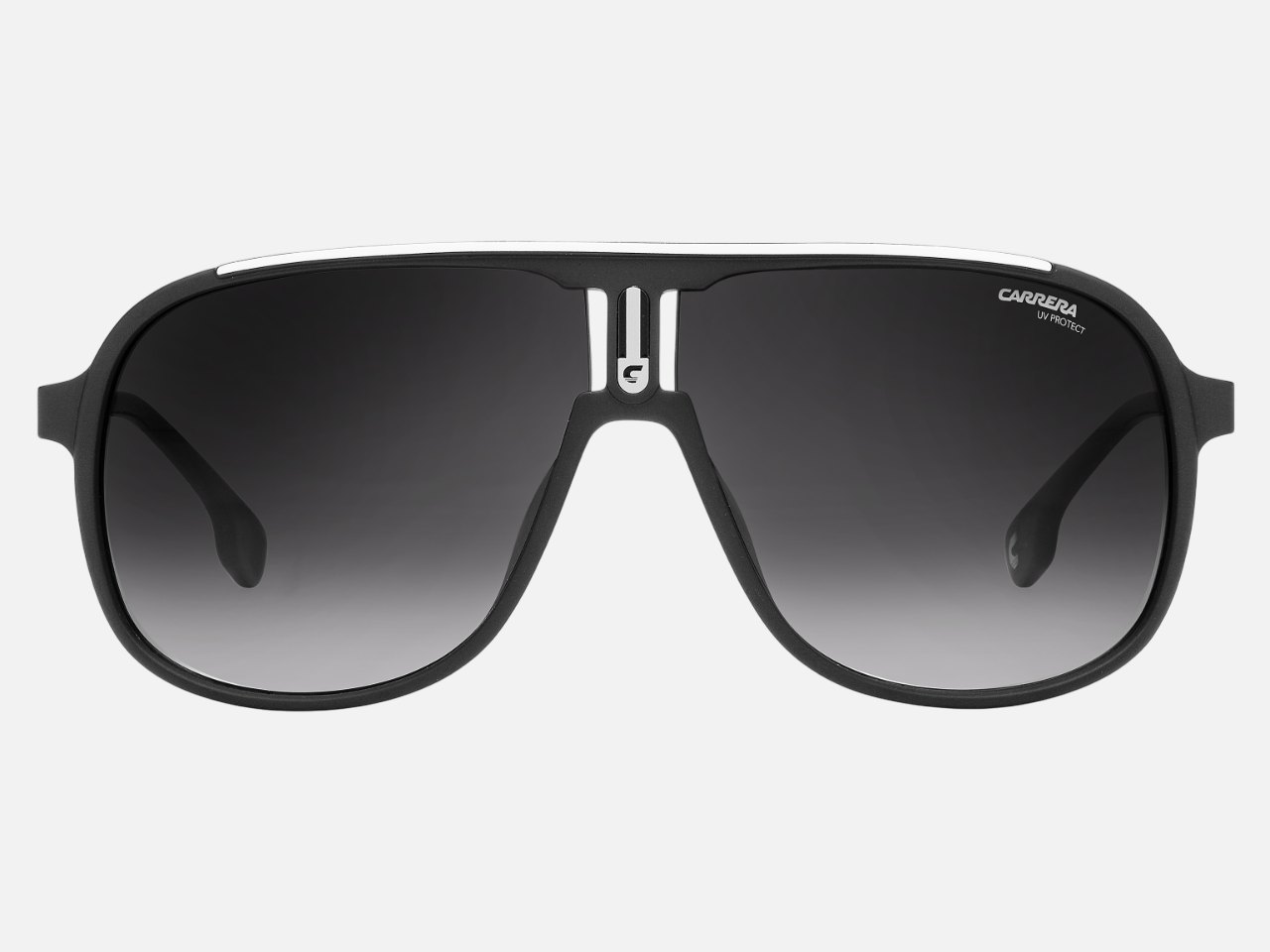 Carrera 1007/S 003 rectangular sunglasses for men in full rim plastic, with matte black frame, and grey lenses. 62mm in lens size, 10mm in bridge size, and 140mm in temple length.