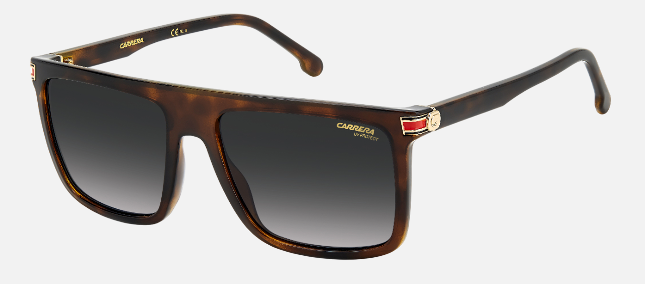 Carrera 1048/S 086 square sunglasses for unisex in full rim plastic, with havana frame, and gradient grey lenses. 58mm in lens size, 17mm in bridge size, and 140mm in temple length.