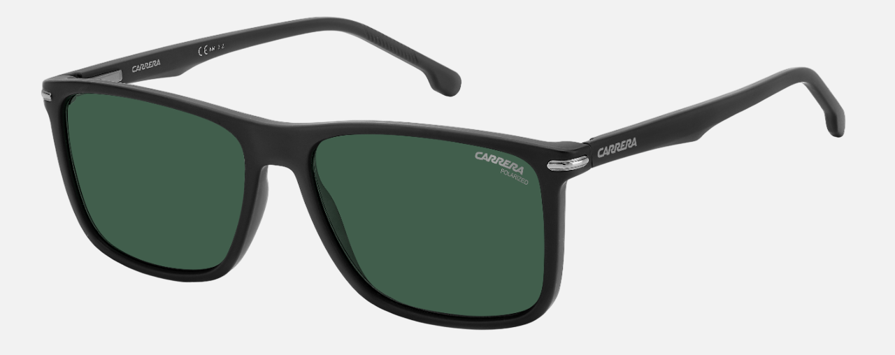 Carrera 298/S 003 rectangular sunglasses for men in full rim plastic, with matte black frame, and green lenses. 57mm in lens size, 16mm in bridge size, and 145mm in temple length.