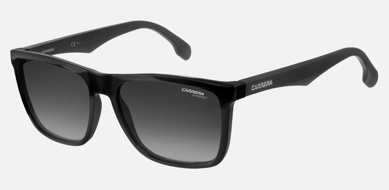 Carrera 5041/S 807 black sunglasses with gradient lenses on a white background facing 30 degree left angle