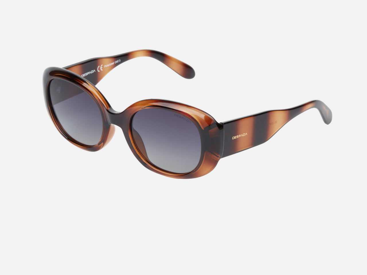 Despada DS 2297 C2 round sunglasses for women in full rim plastic, with havana frame, and gradient grey lenses. 53mm in lens size, 21mm in bridge size, and 139mm in temple length.