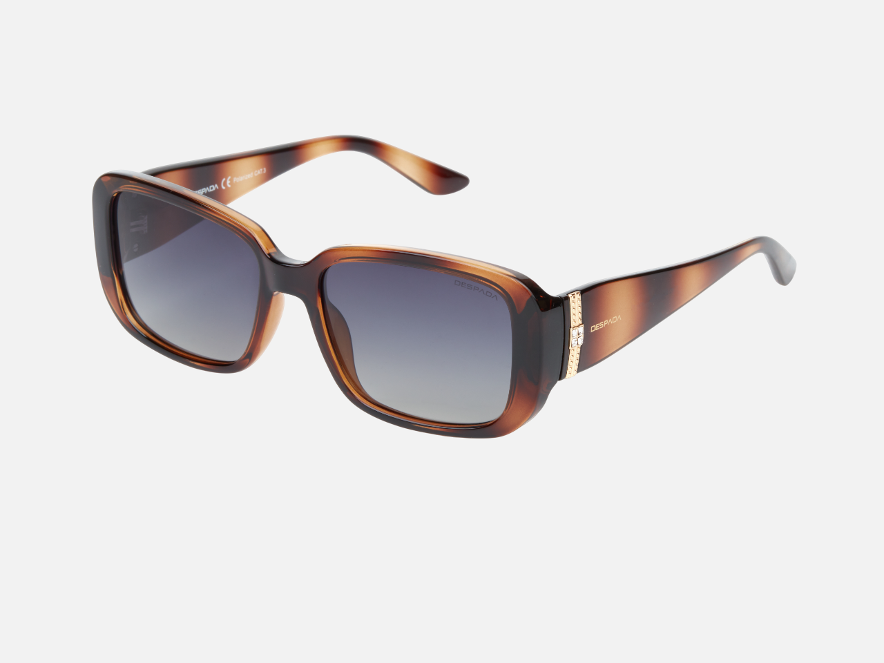 Despada DS 2304 C2 rectangular sunglasses for women in full rim plastic, with havana frame, and gradient grey lenses. 56mm in lens size, 18mm in bridge size, and 142mm in temple length.
