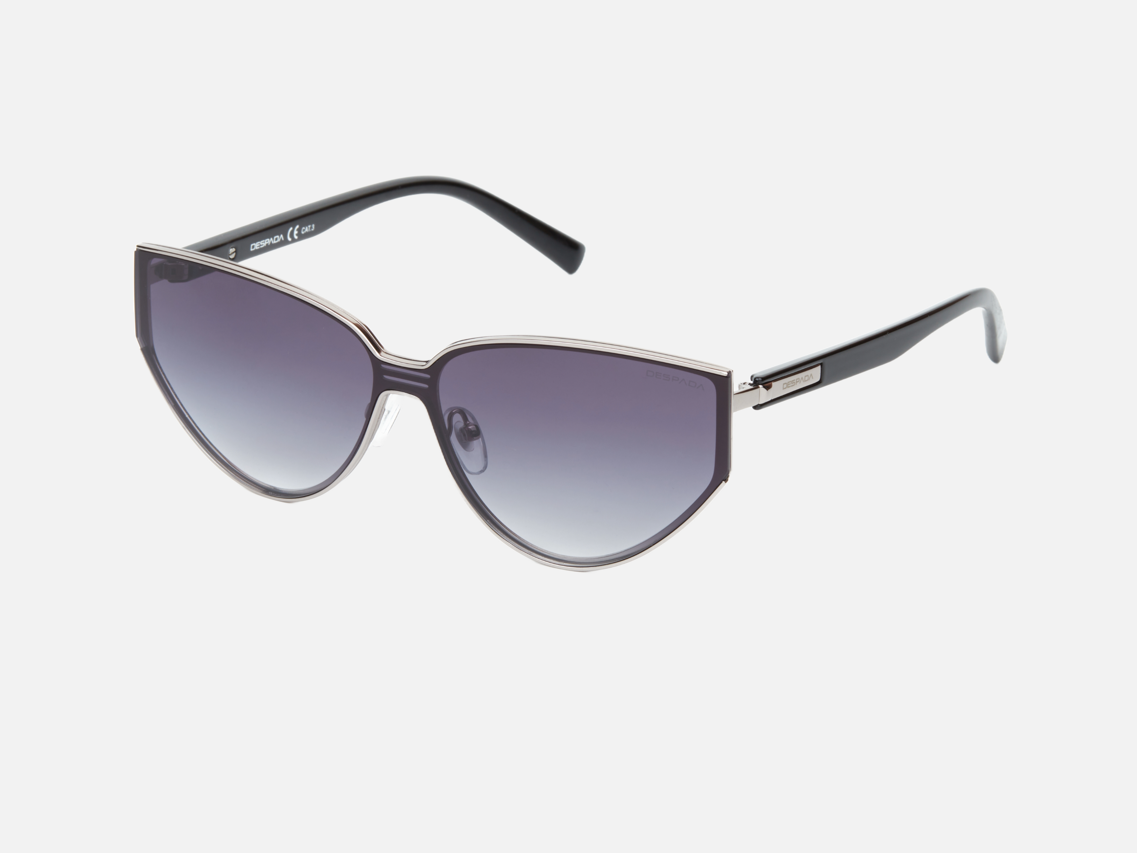Despada DS 2310 C4 cat-eye sunglasses for women in full rim metal, with silver black frame, and gradient grey lenses. 142mm in lens size, 1mm in bridge size, and 145mm in temple length.