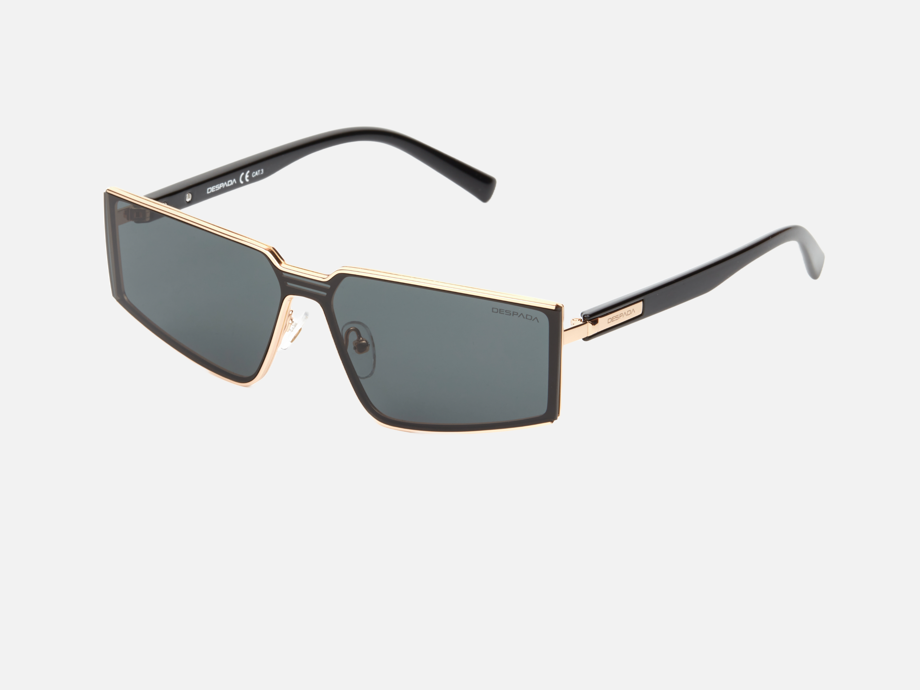 Despada DS 2311 C1 irregular sunglasses for women in full rim metal, with gold black frame, and grey lenses. 141mm in lens size, 1mm in bridge size, and 145mm in temple length.