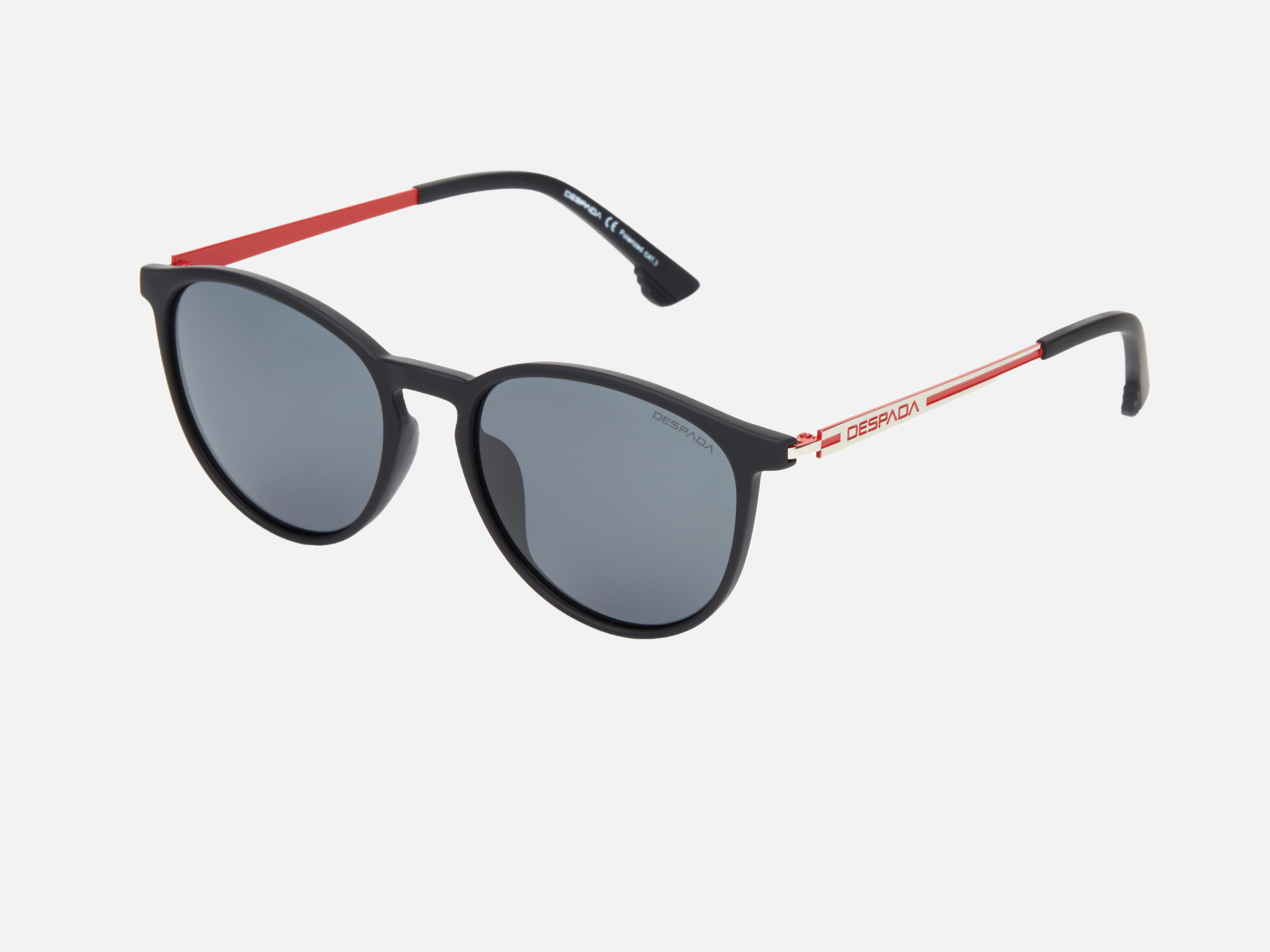 Despada DS 2319 C2 round sunglasses for unisex in full rim plastic, with black frame, and grey lenses. 53mm in lens size, 18mm in bridge size, and 145mm in temple length.