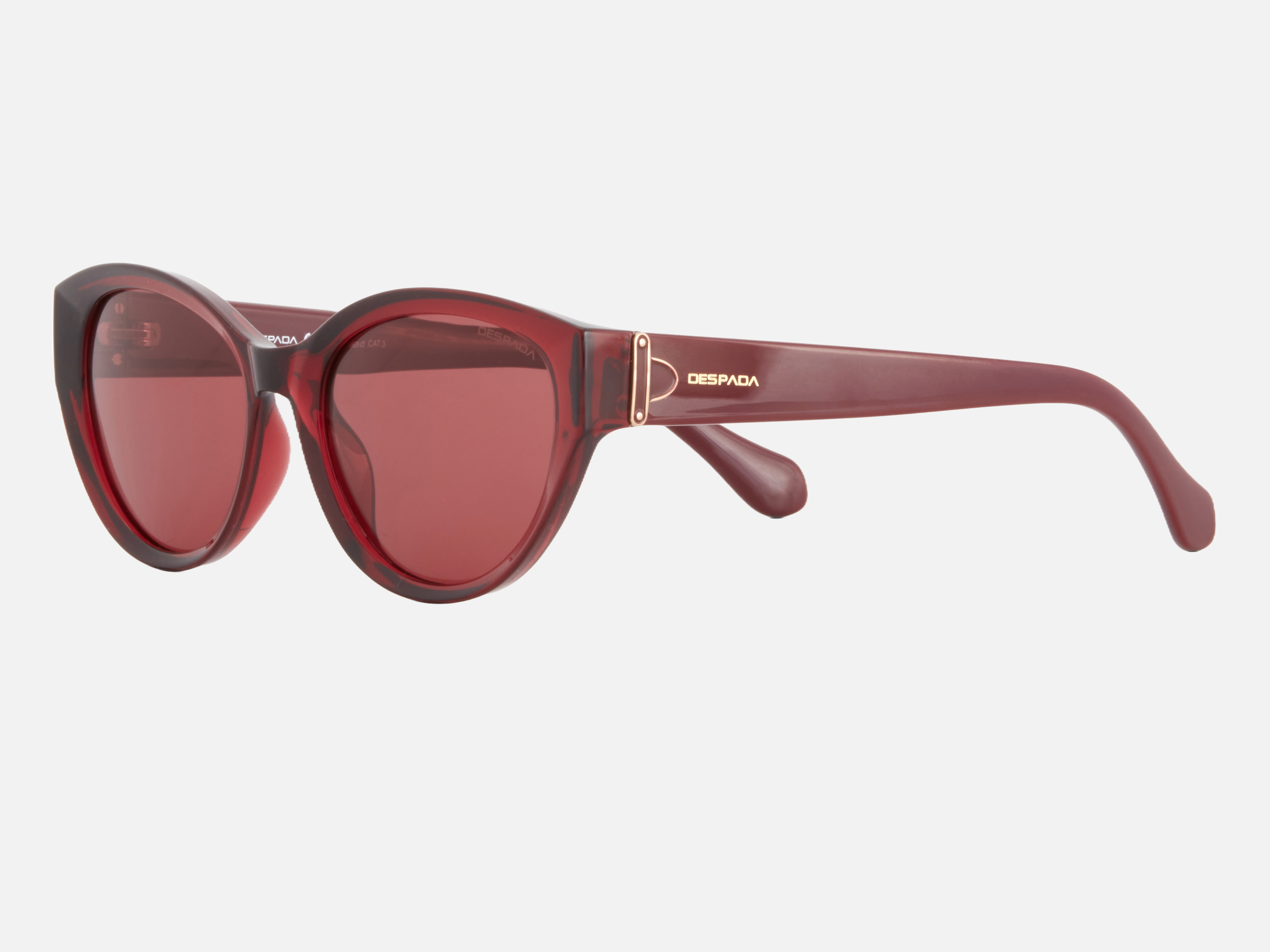 Despada DS 2336 C4 cat-eye sunglasses for women in full rim plastic, with claret red frame, and red lenses. 55mm in lens size, 18mm in bridge size, and 145mm in temple length.