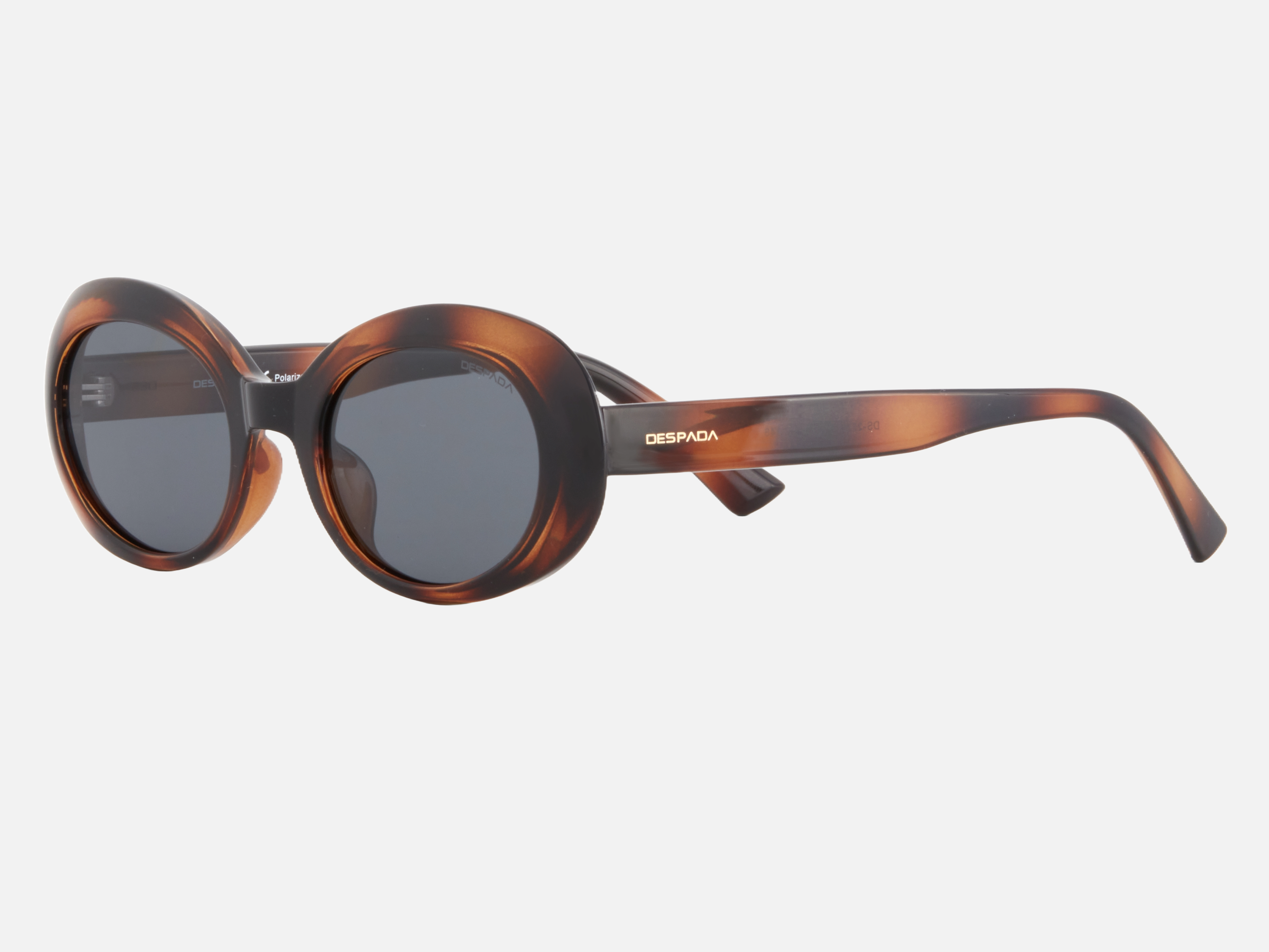 Despada DS 2338 C2 round sunglasses for women in full rim plastic, with havana frame, and grey lenses. 52mm in lens size, 22mm in bridge size, and 148mm in temple length.