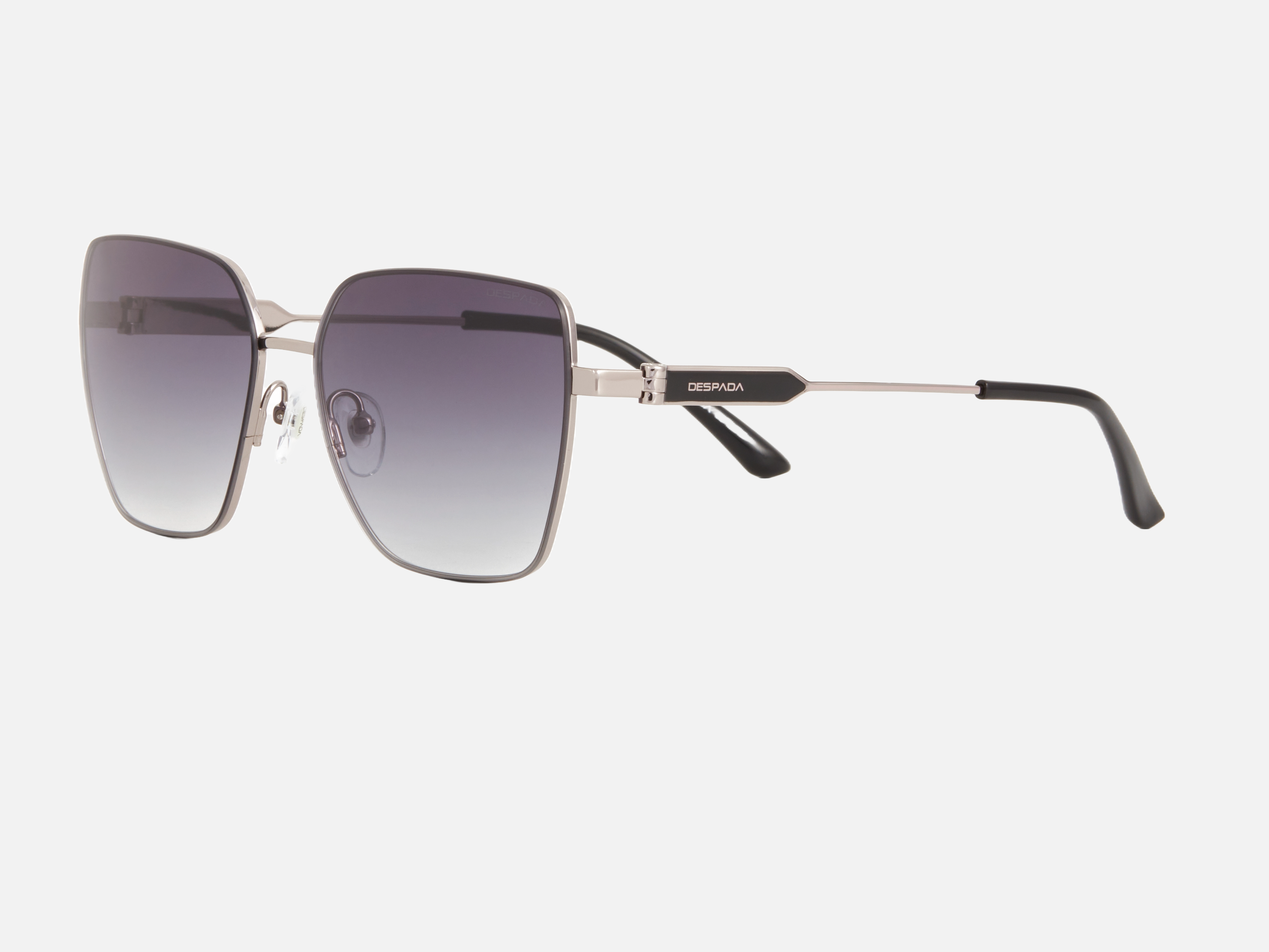 Despada DS 2350 C2 butterfly sunglasses for women in full rim metal, with silver frame, and gradient grey lenses. 58mm in lens size, 16mm in bridge size, and 143mm in temple length.