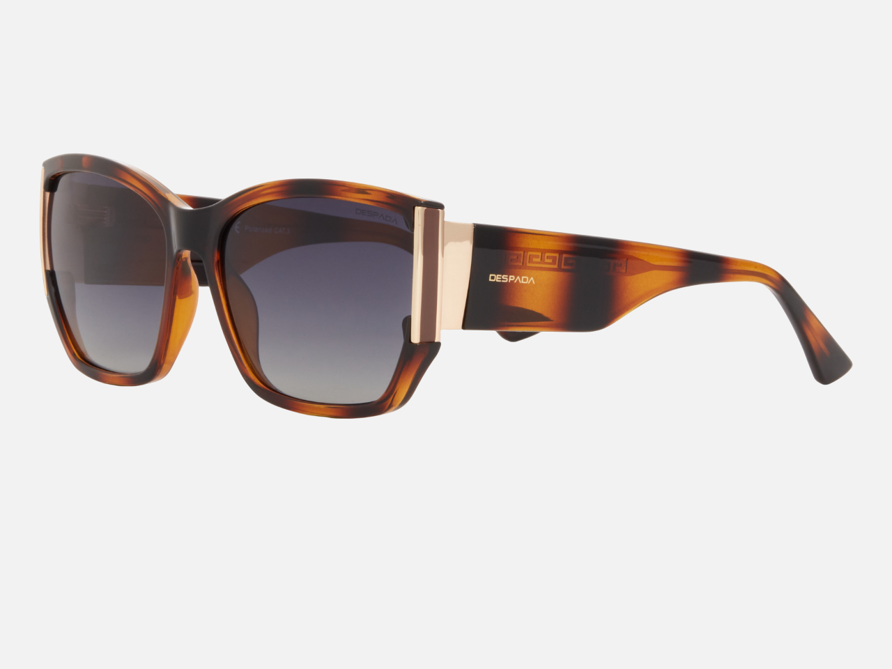 Despada DS 2353 C3 butterfly sunglasses for women in full rim plastic/metal, with havana gold frame, and gradient grey lenses. 61mm in lens size, 18mm in bridge size, and 140mm in temple length.
