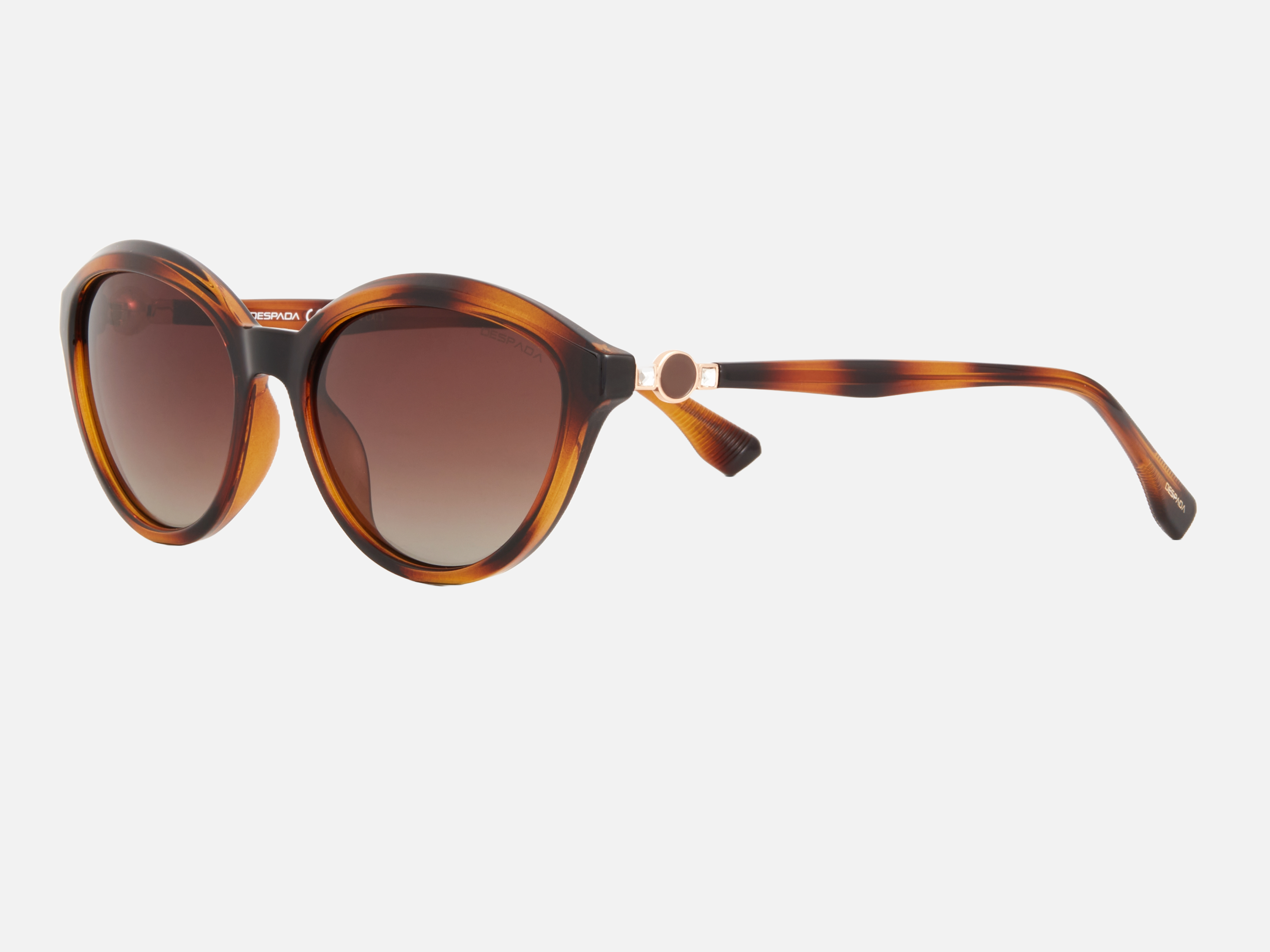 Despada DS 2355 C2 cat-eye sunglasses for women in full rim plastic, with havana frame, and gradient brown lenses. 56mm in lens size, 18mm in bridge size, and 145mm in temple length.