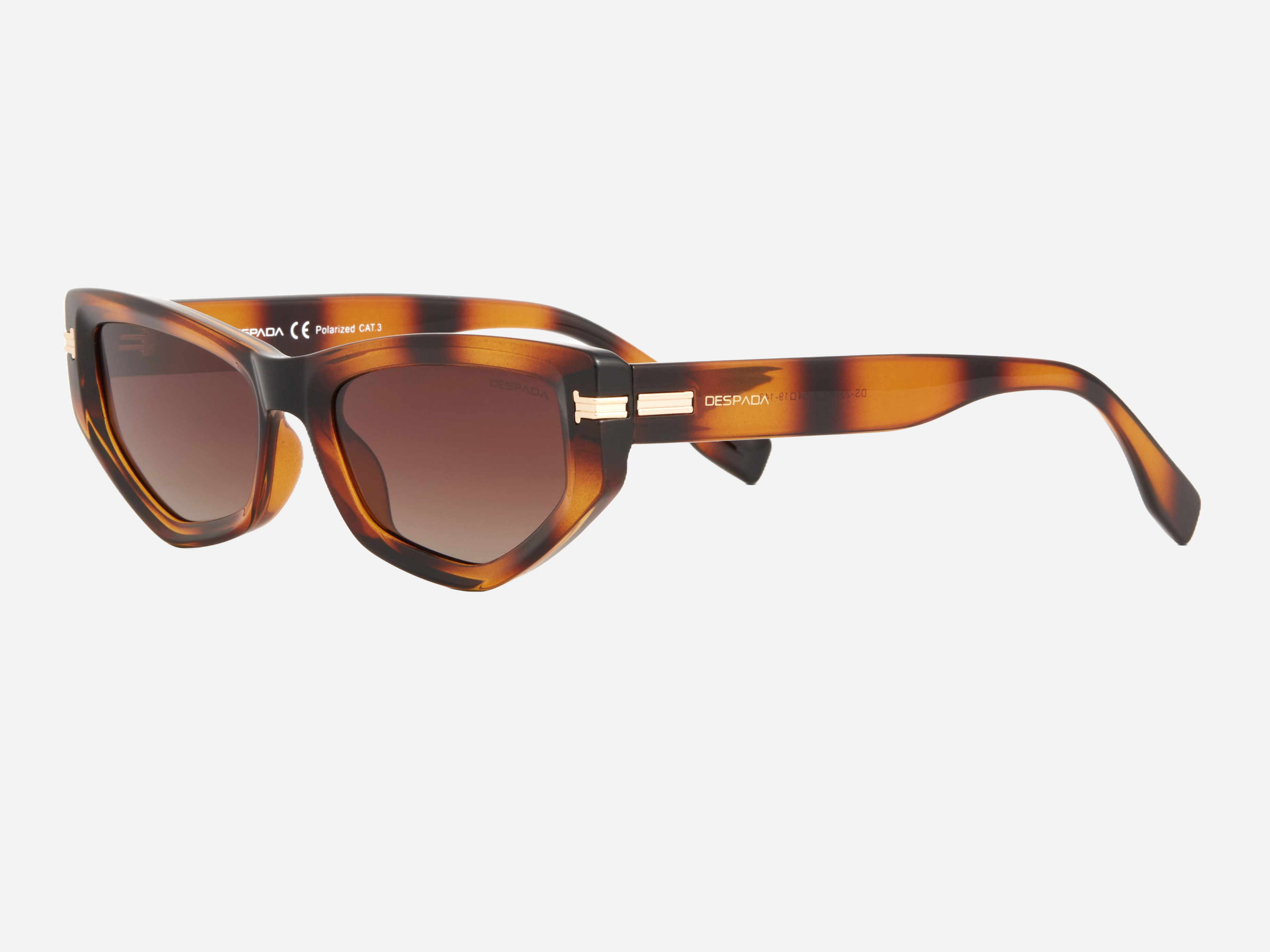 Despada DS 2359 C2 cat-eye sunglasses for women in full rim plastic, with havana frame, and gradient brown lenses. 54mm in lens size, 14mm in bridge size, and 143mm in temple length.
